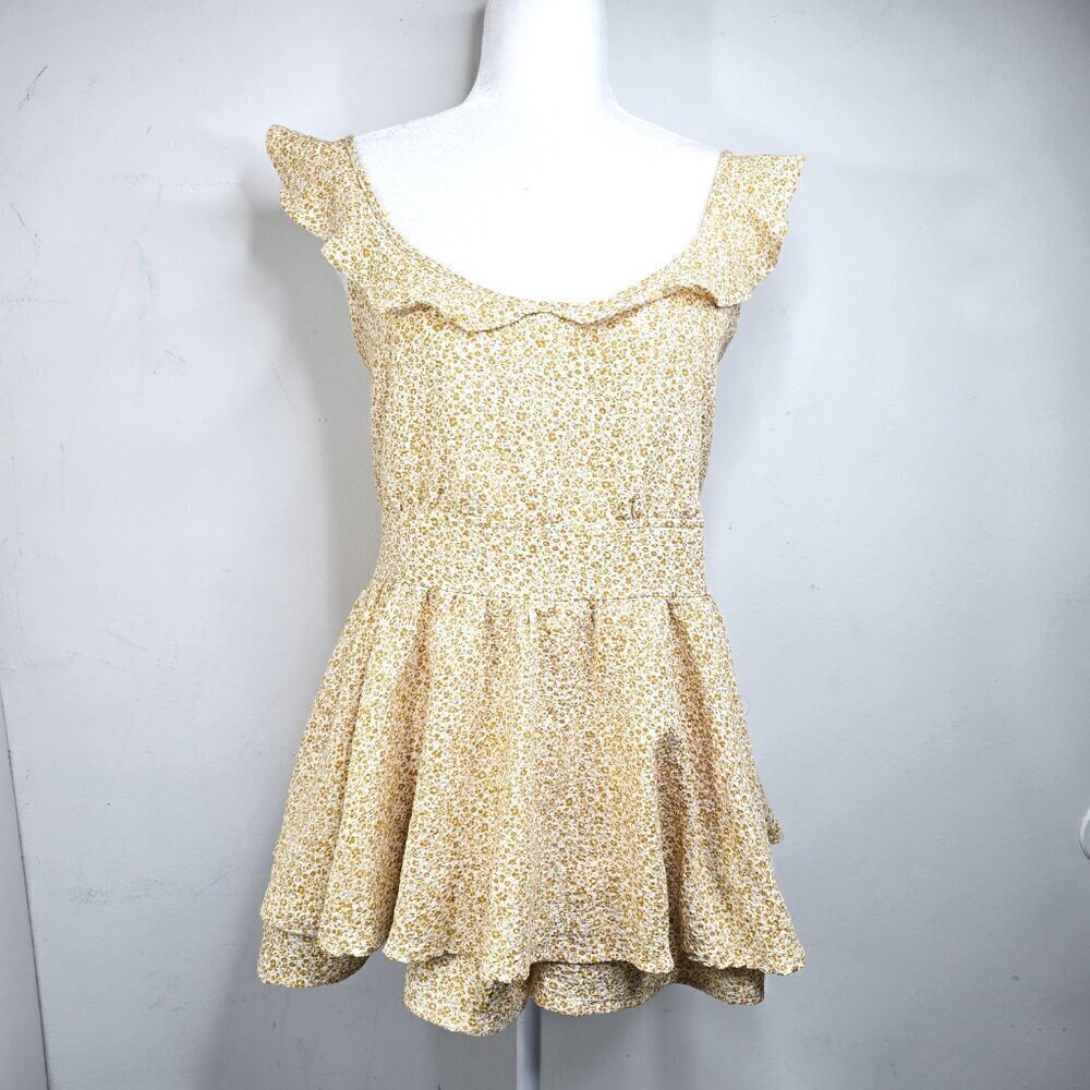 Altar'd State Yellow Ditsy Floral SEXY Back Strappy Ruffle Sleeve Tiered Romper